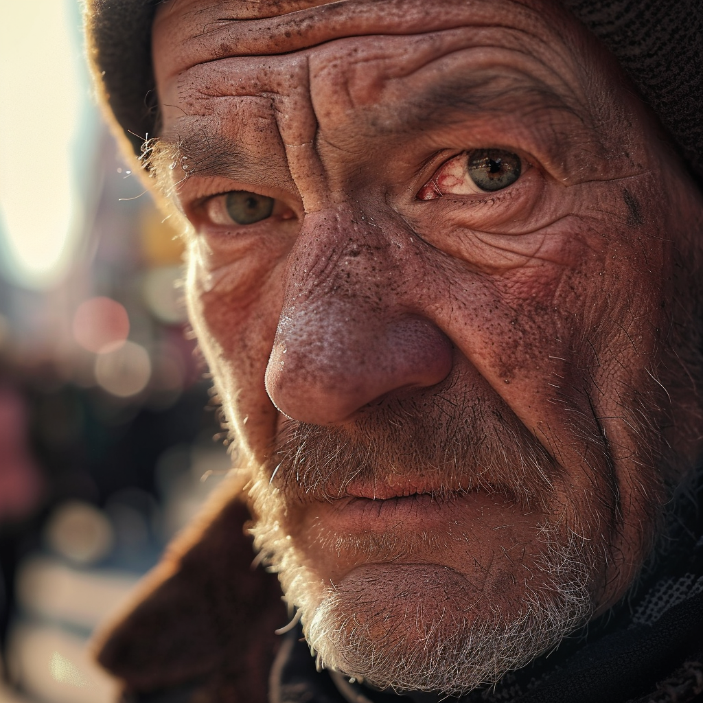 Depressed man with dirty nose pores in crowded sidewalk