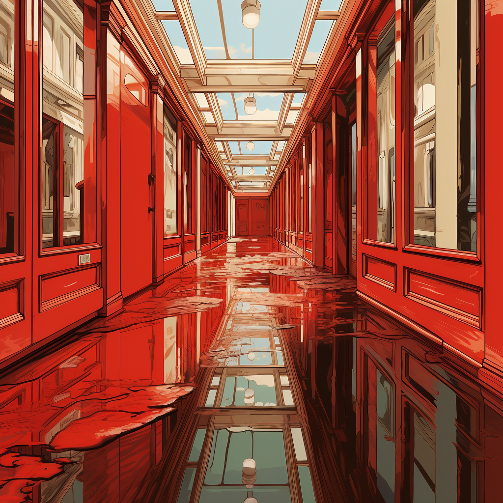 Reflection of eye in hallway with red door