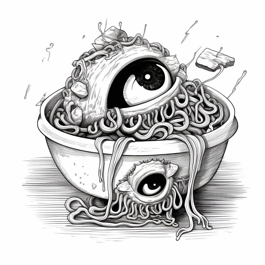 Spooky eyeball ramen ink illustration