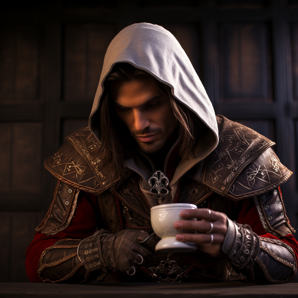 Ezio Auditore drinking coffee