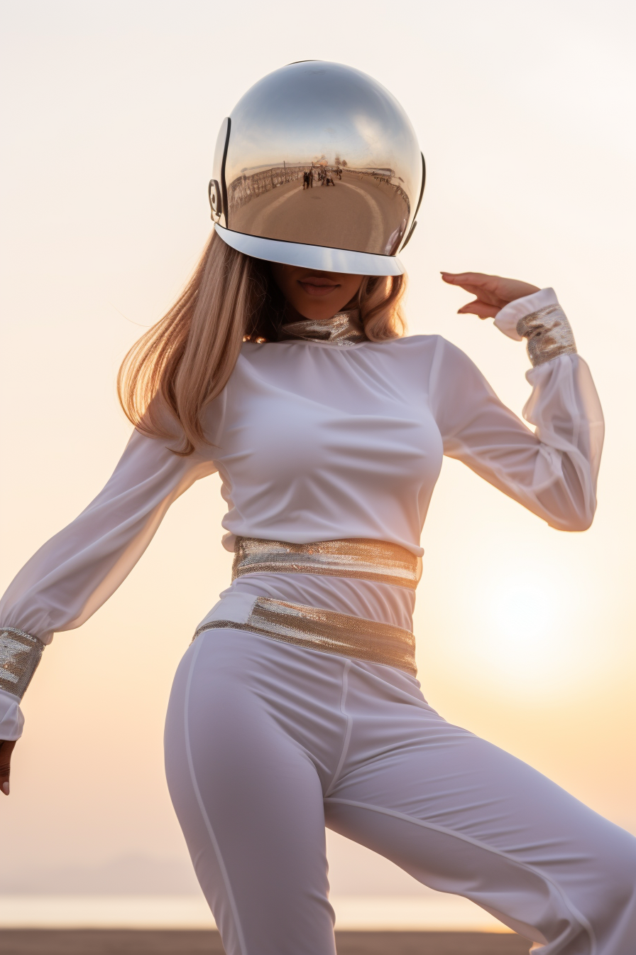 Dancer wearing F1 helmet on white background