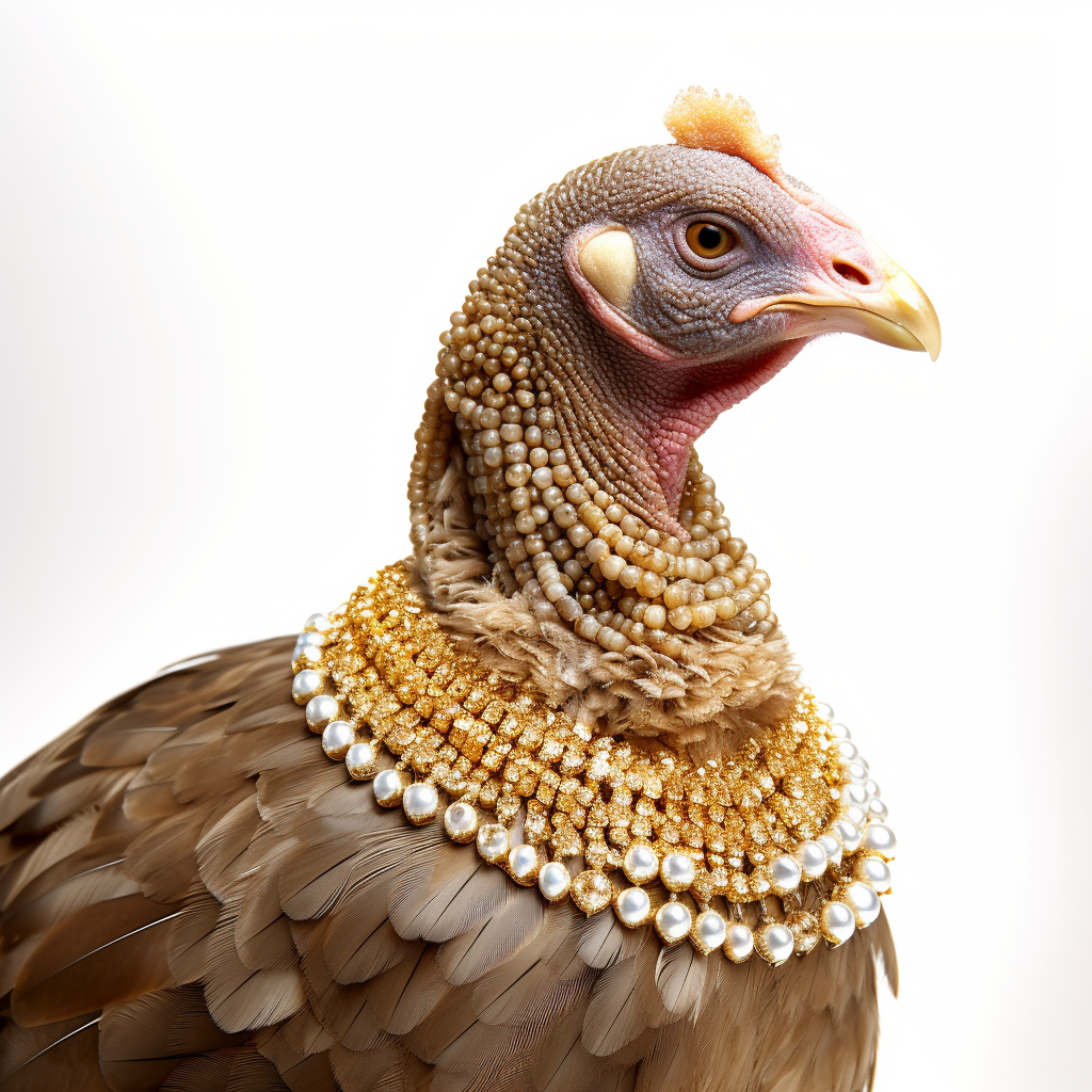 Turkey wearing gold necklaces on white background