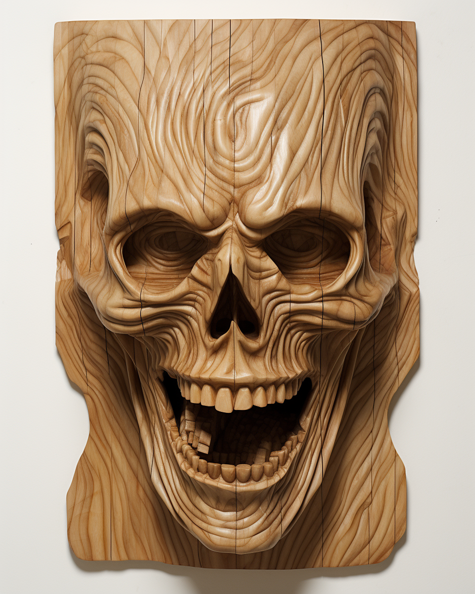 Artwork featuring a ghoul face and parallel wood lines