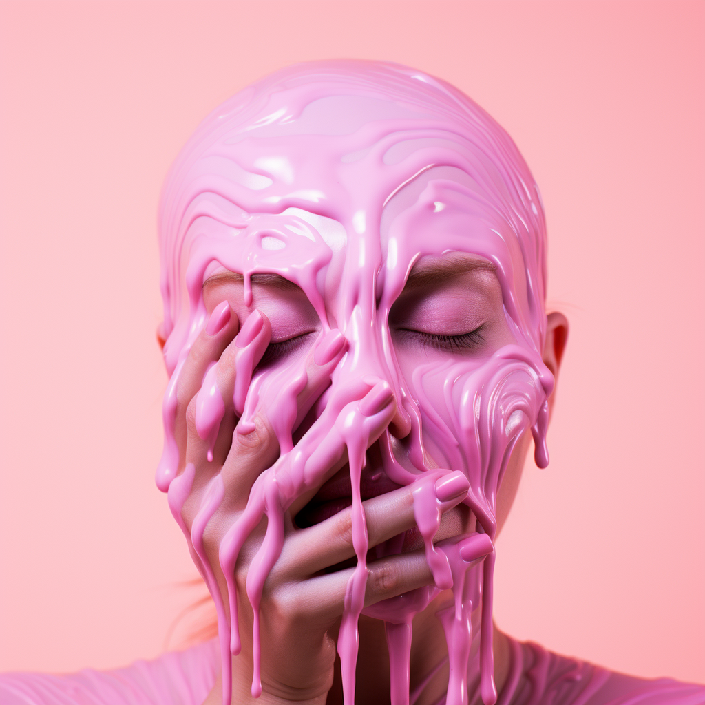 Face melting into hands on pink background