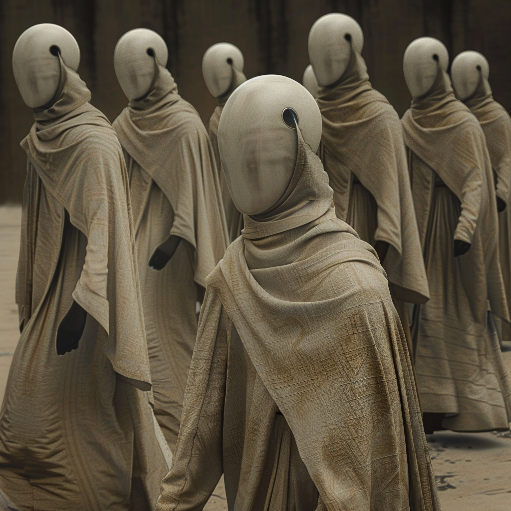 Faceless androids in religious procession