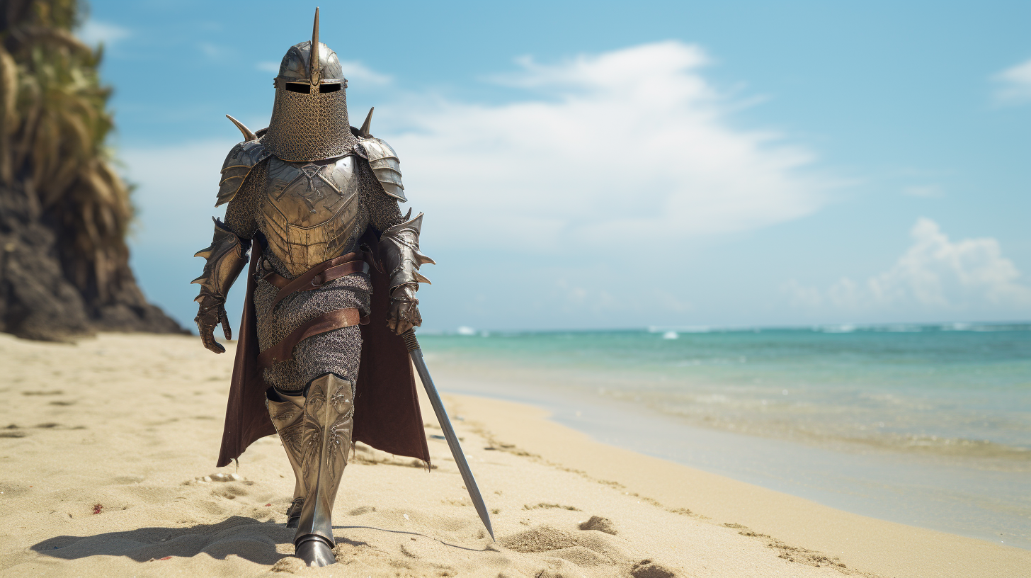 Faceless Earthworm in Medieval Armor on Tropical Beach