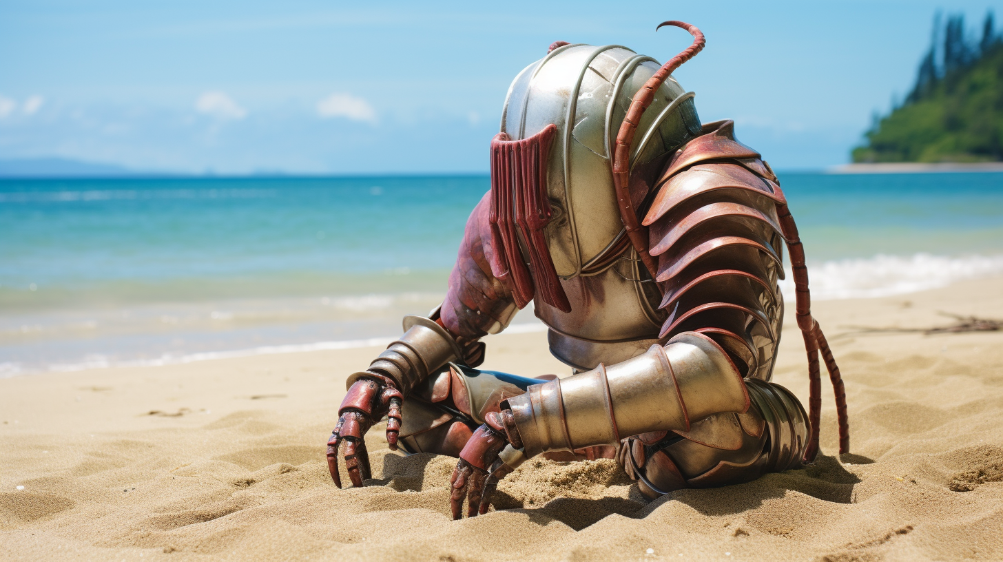 faceless earthworm in medieval armor on tropical beach