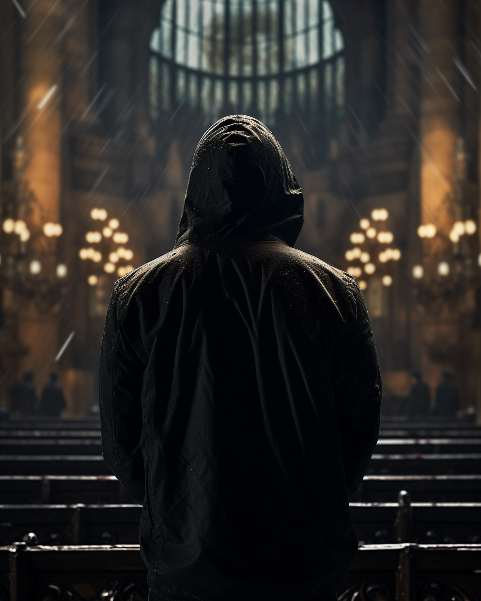 Young man in dior jacket in gothic church