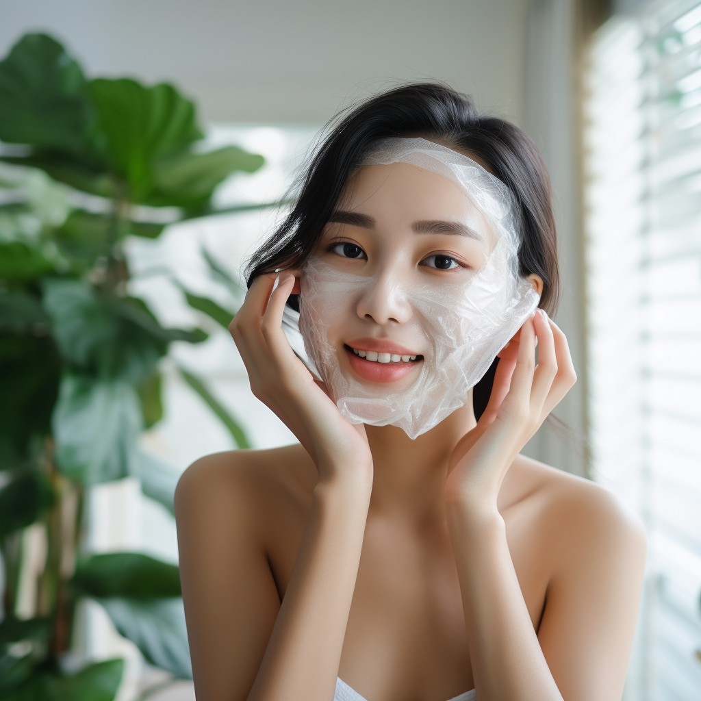 Natural Light Portrait of Asian Korean Girl with Facial Paper Mask