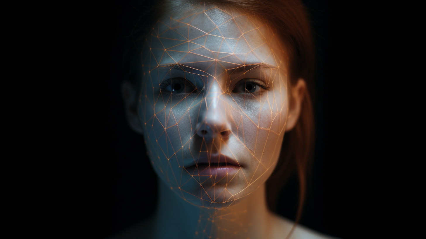 Close-up Portrait with Futuristic Facial Recognition Mesh Lines