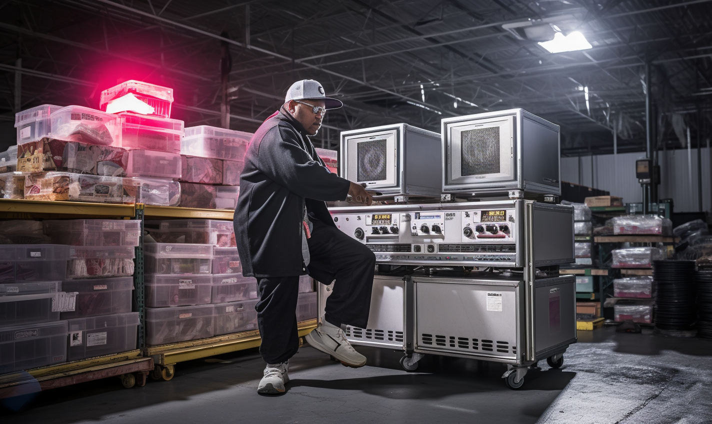 DJ entertaining workers on factory floor