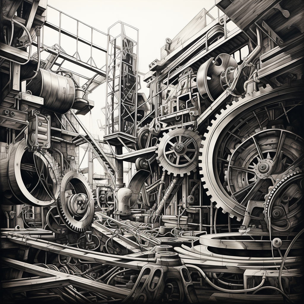 Black and white drawing of factory gears breaking  ?