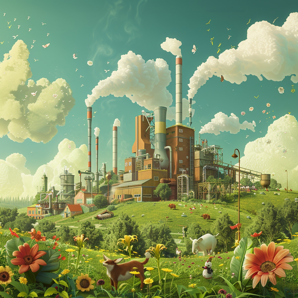 factory in green field with flowers