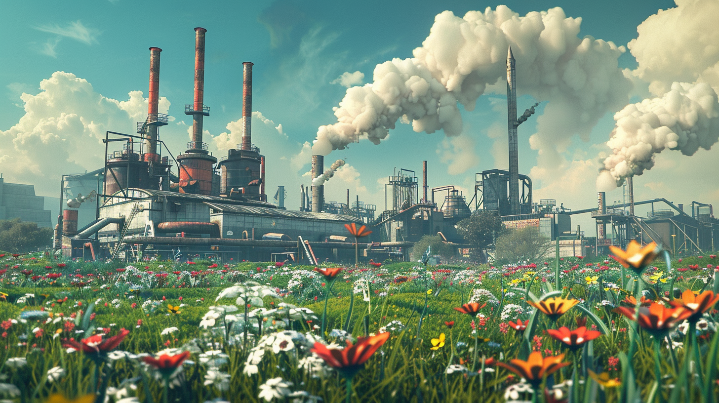 Factory in Green Field Flowers