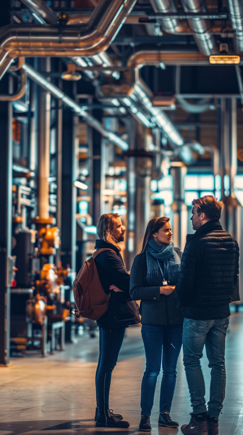 workers explaining factory setup