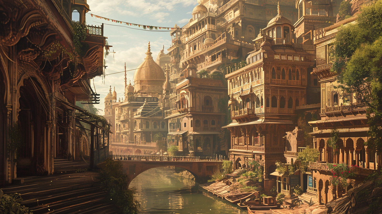 Wide shot of the city with fae fantasy elements