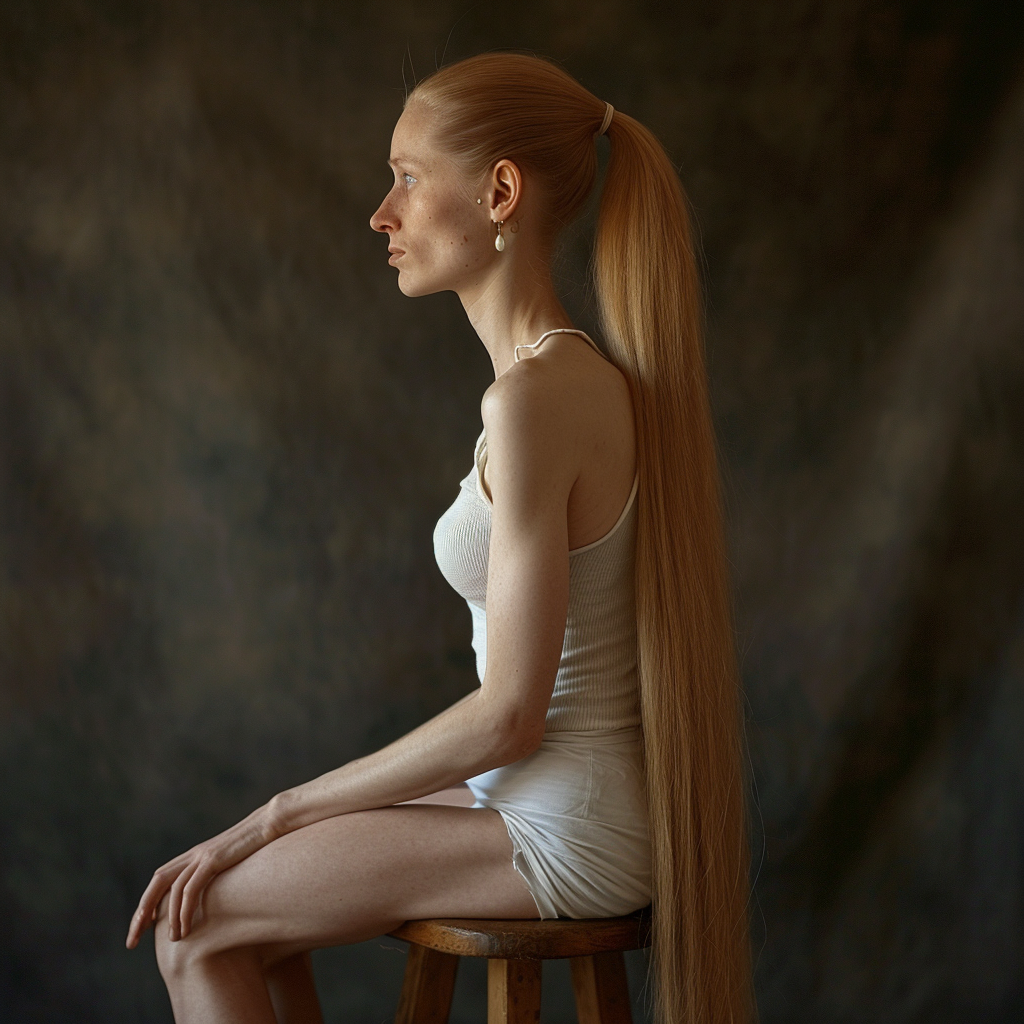 Closeup Portrait of Fair Haired German Woman with Pearl Earring - Side View