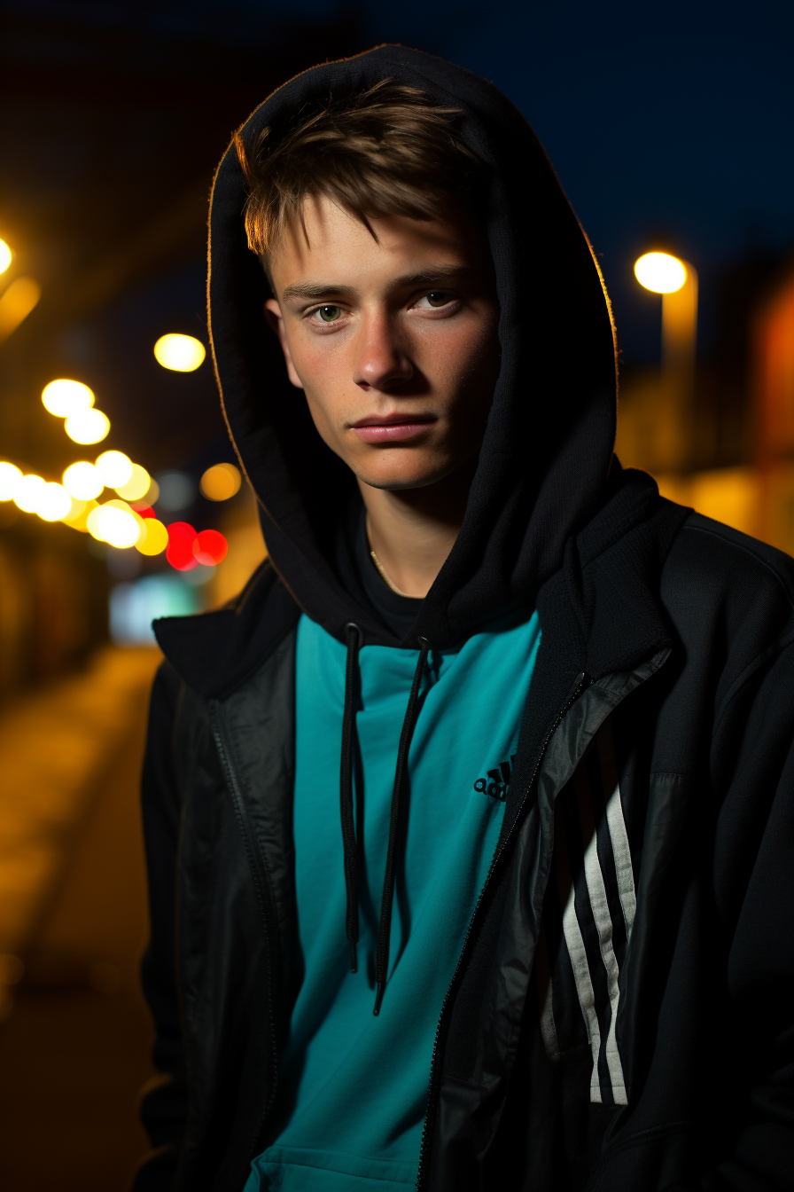 Stylish fair-haired teen in black adidas hoodie