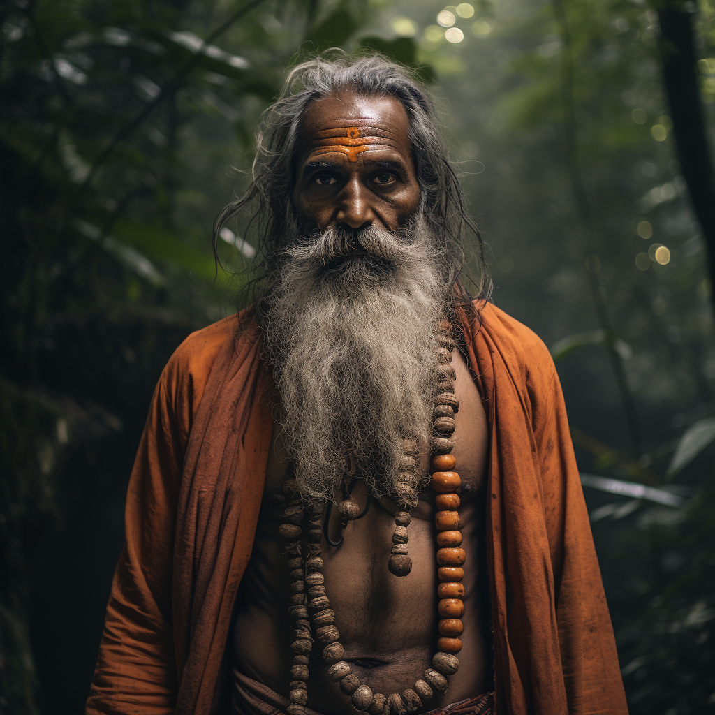 Mysterious fair muscular Hindu Indian priest in jungle