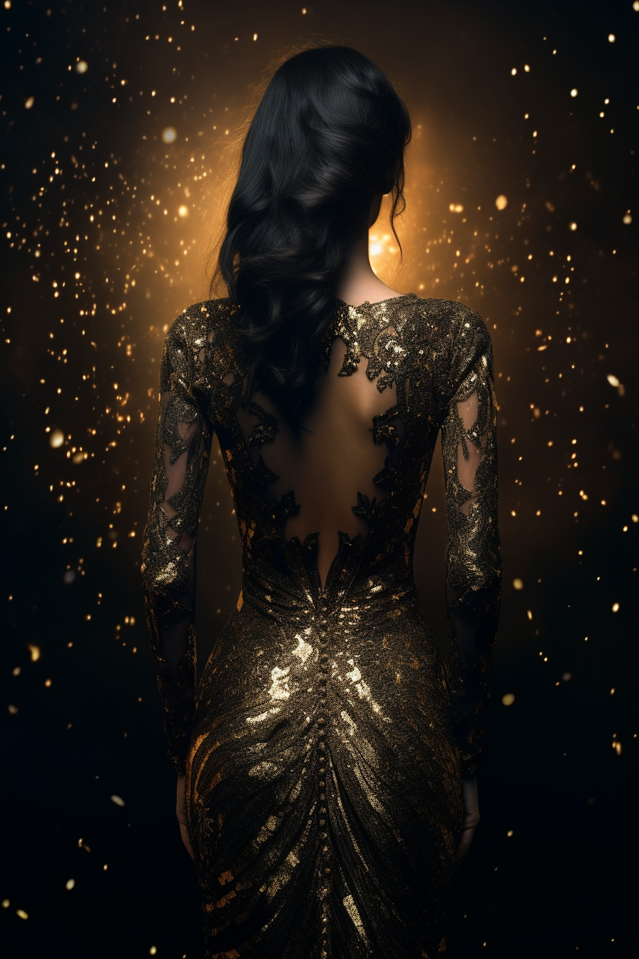 Beautiful woman in gold dress on dark background