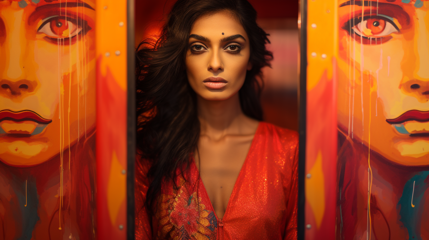 Beautiful south asian model against vibrant truck art