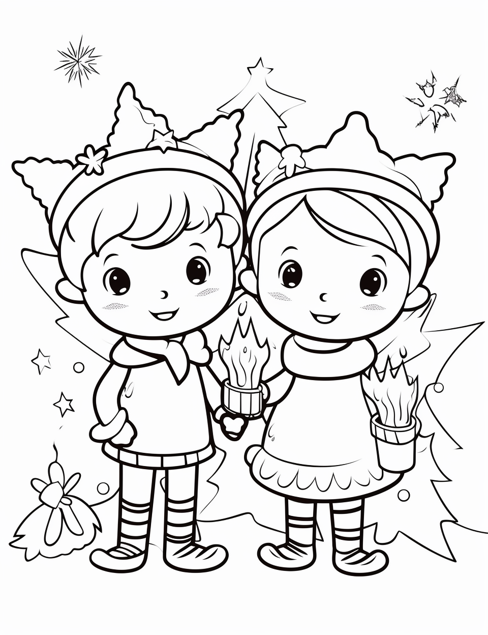 Black and white outline of fairies celebrating Christmas