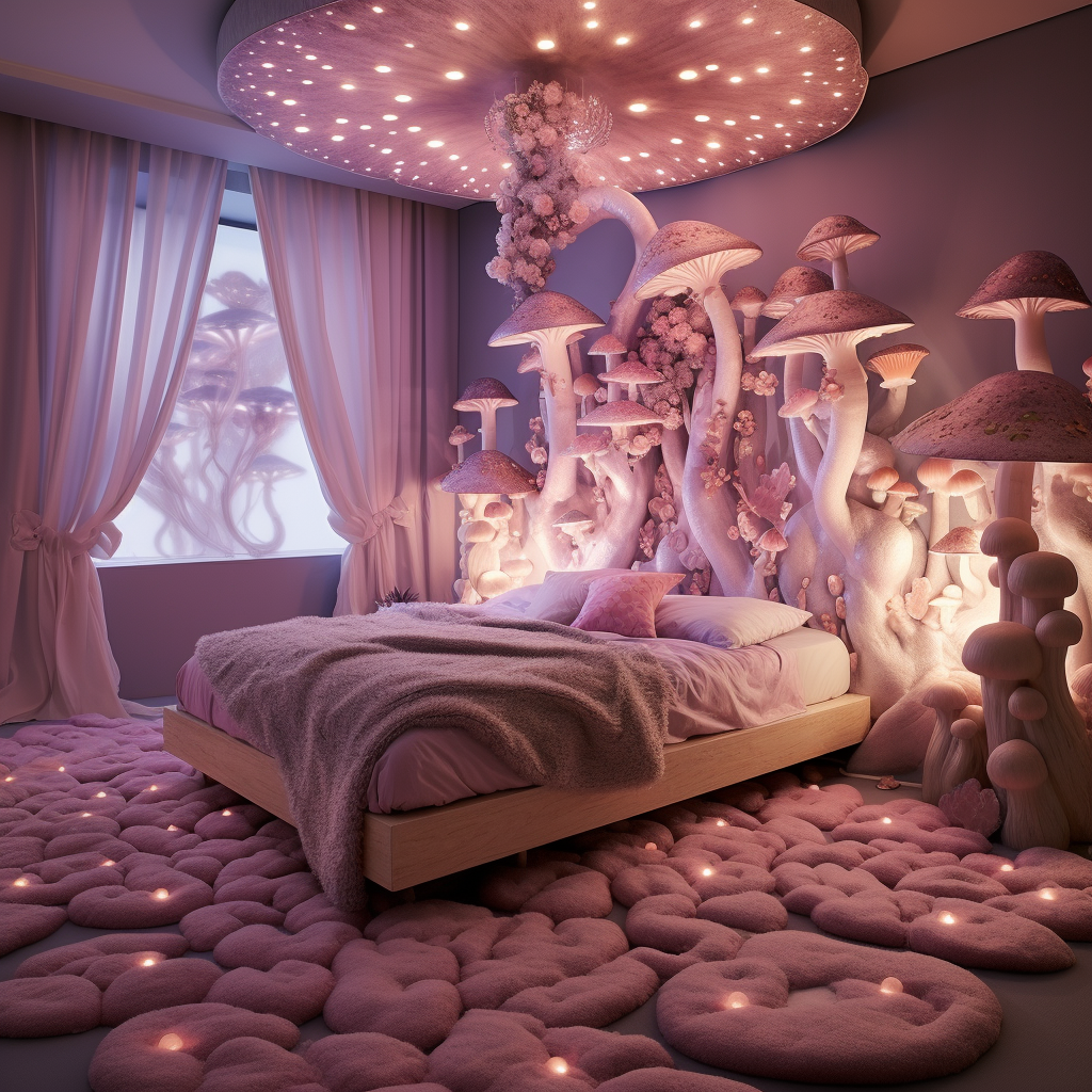 Beautiful pink fairy bedroom with mushroom accents  (max 6 words)