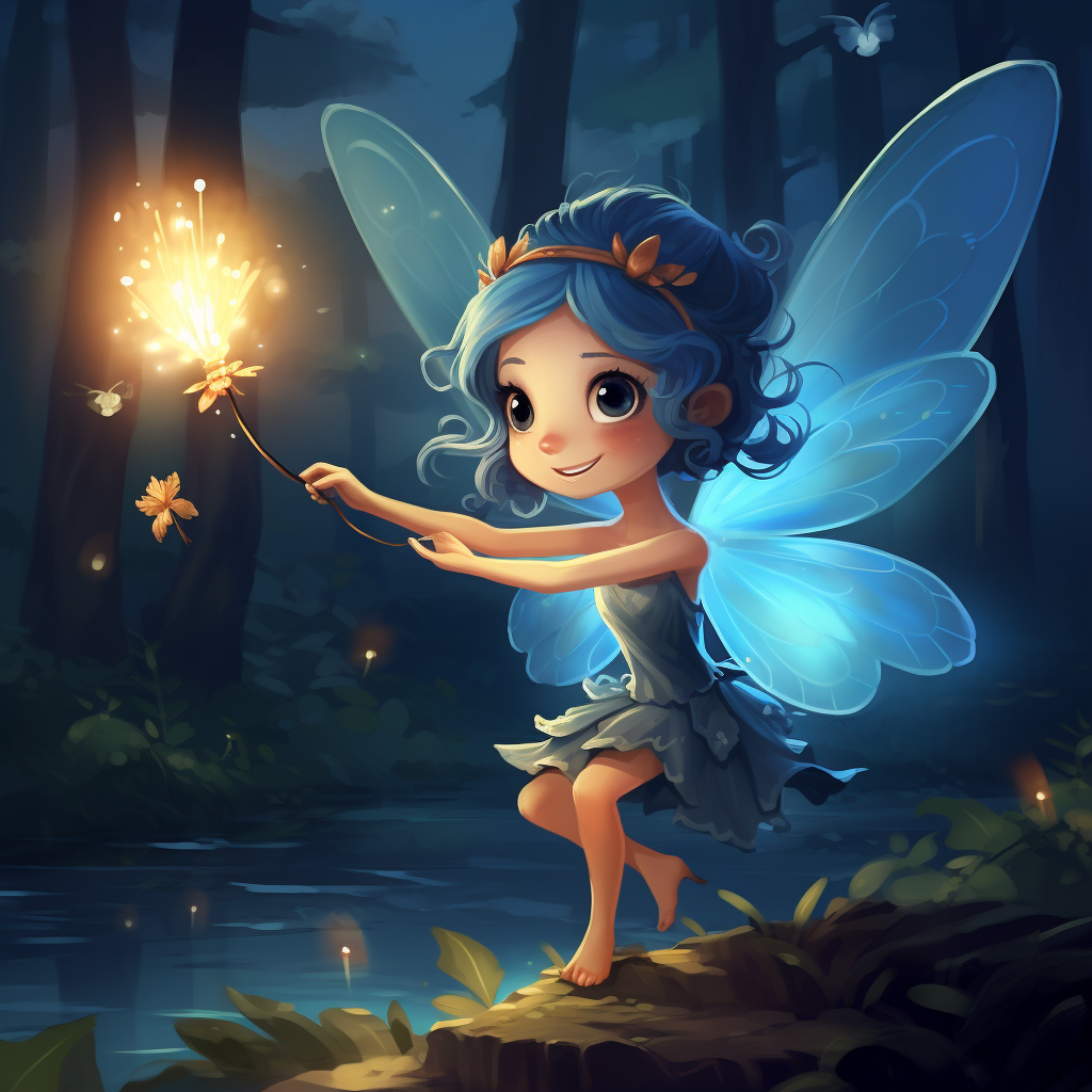 Cute fairy with blue hair catching glowing butterfly