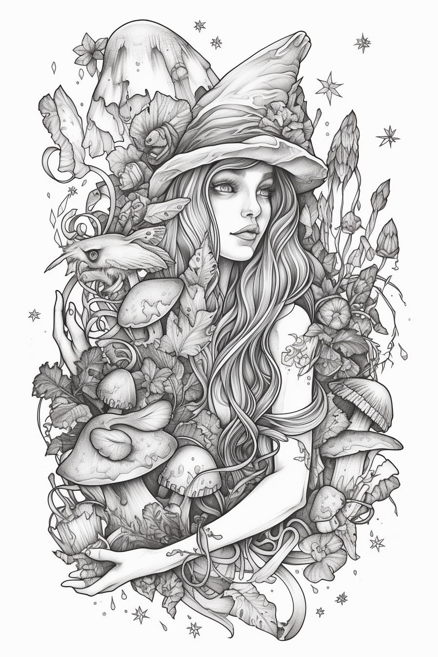 Fairy and Gnome Playing Black White Sketch