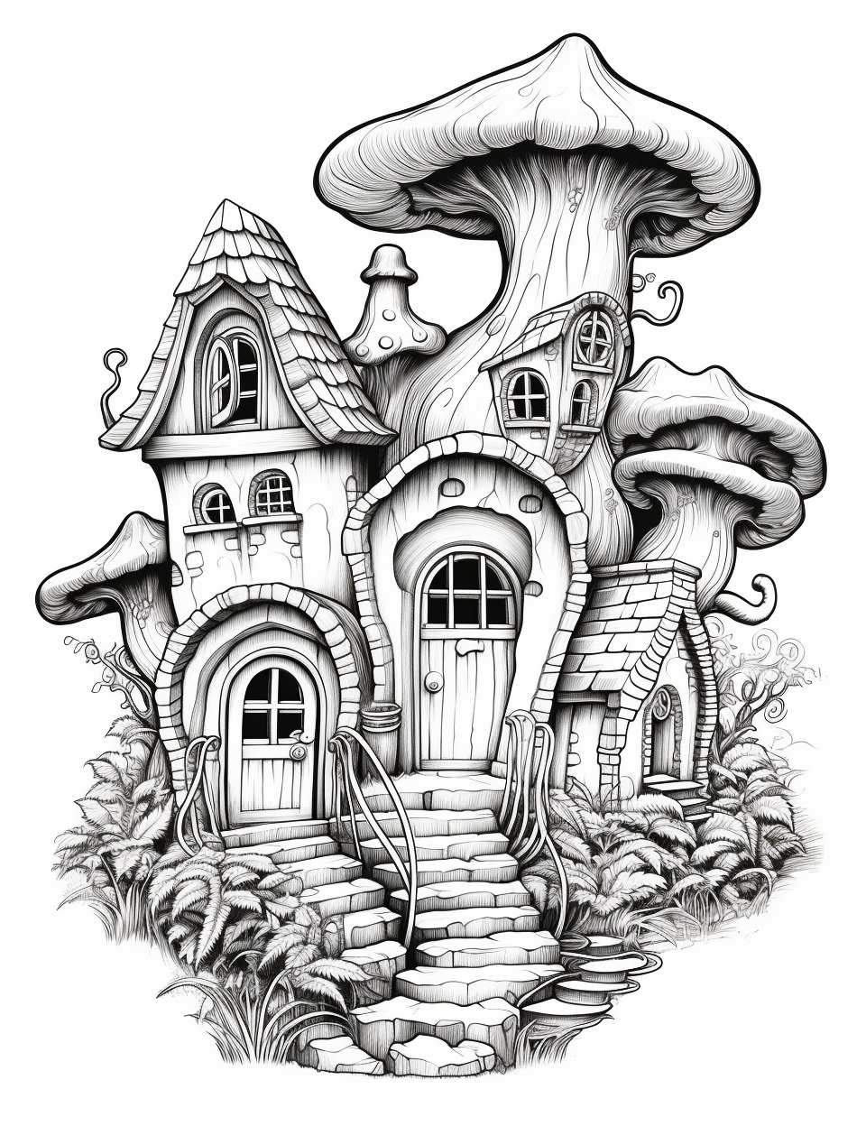 Coloring page of fantasy fairy homes