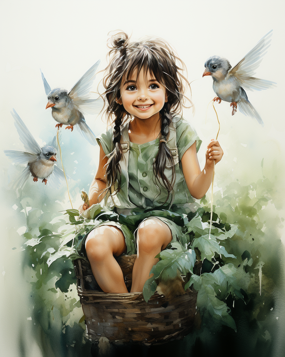 Adorable fairy riding humming birds on whimsical background