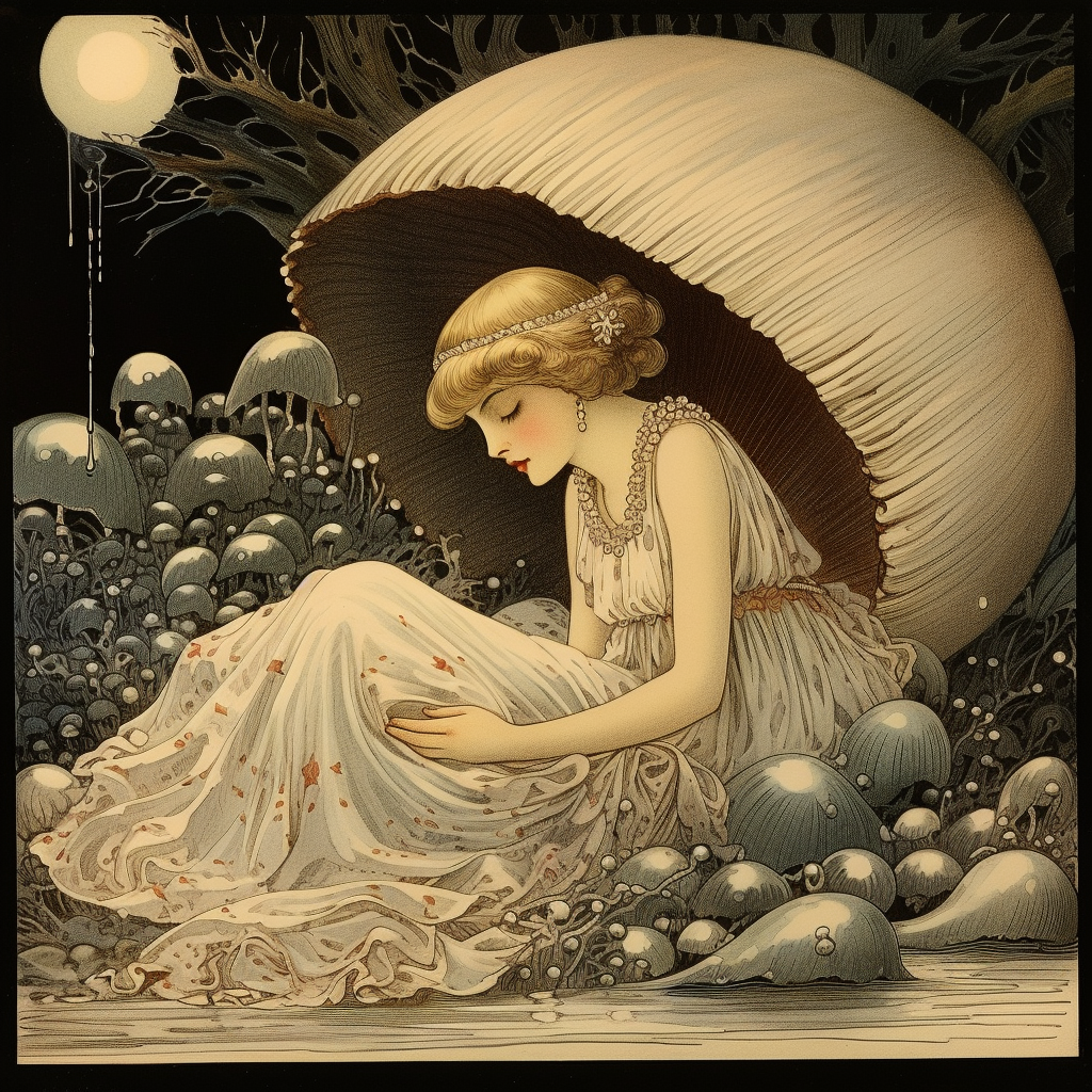 Illustration of a sleeping fairy in a shell