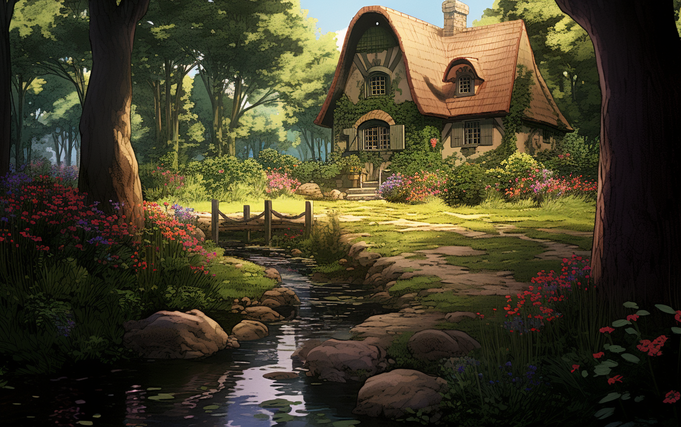 Enchanted fairy tale cottage in woods