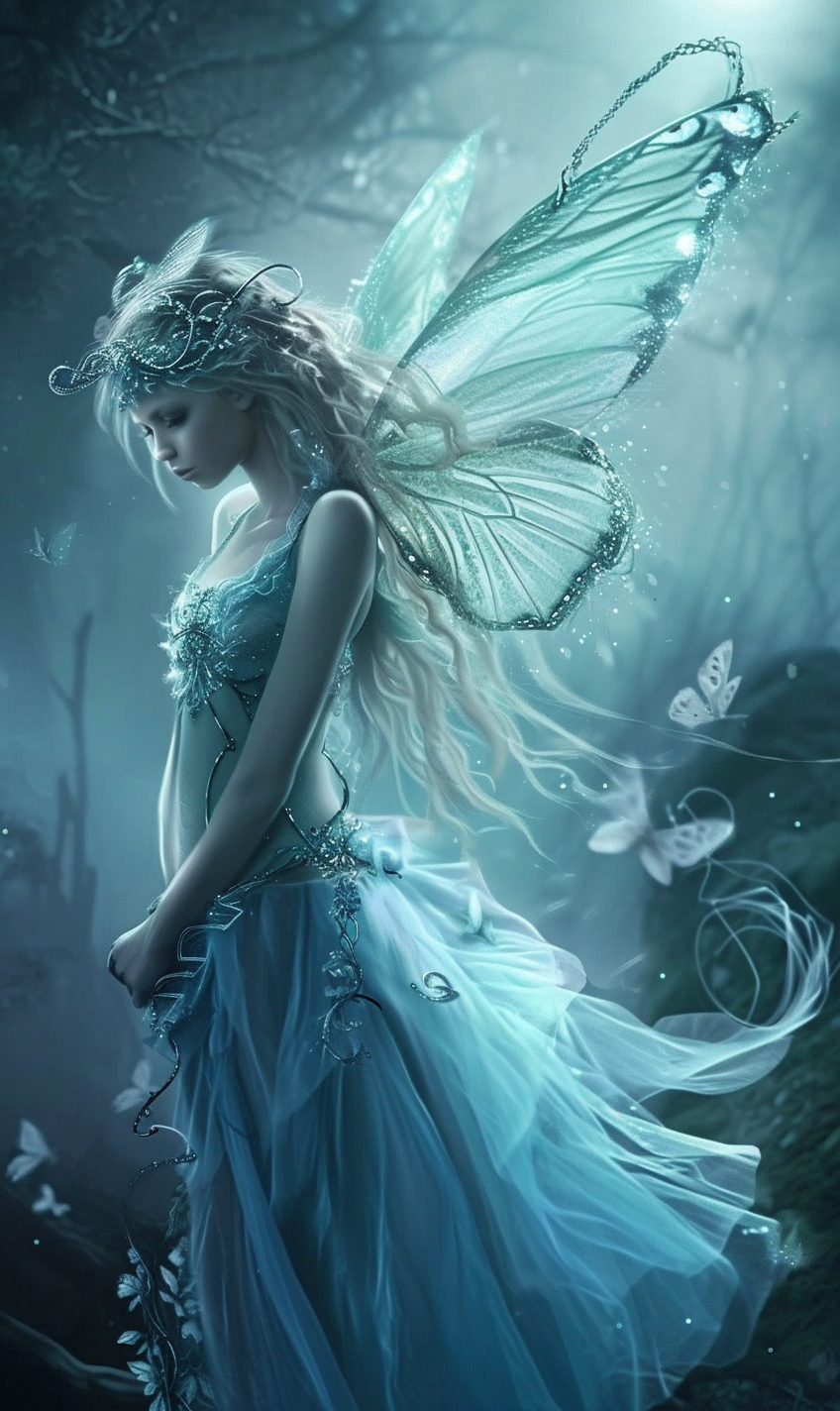 Fairy in blue dress with spiral decorations
