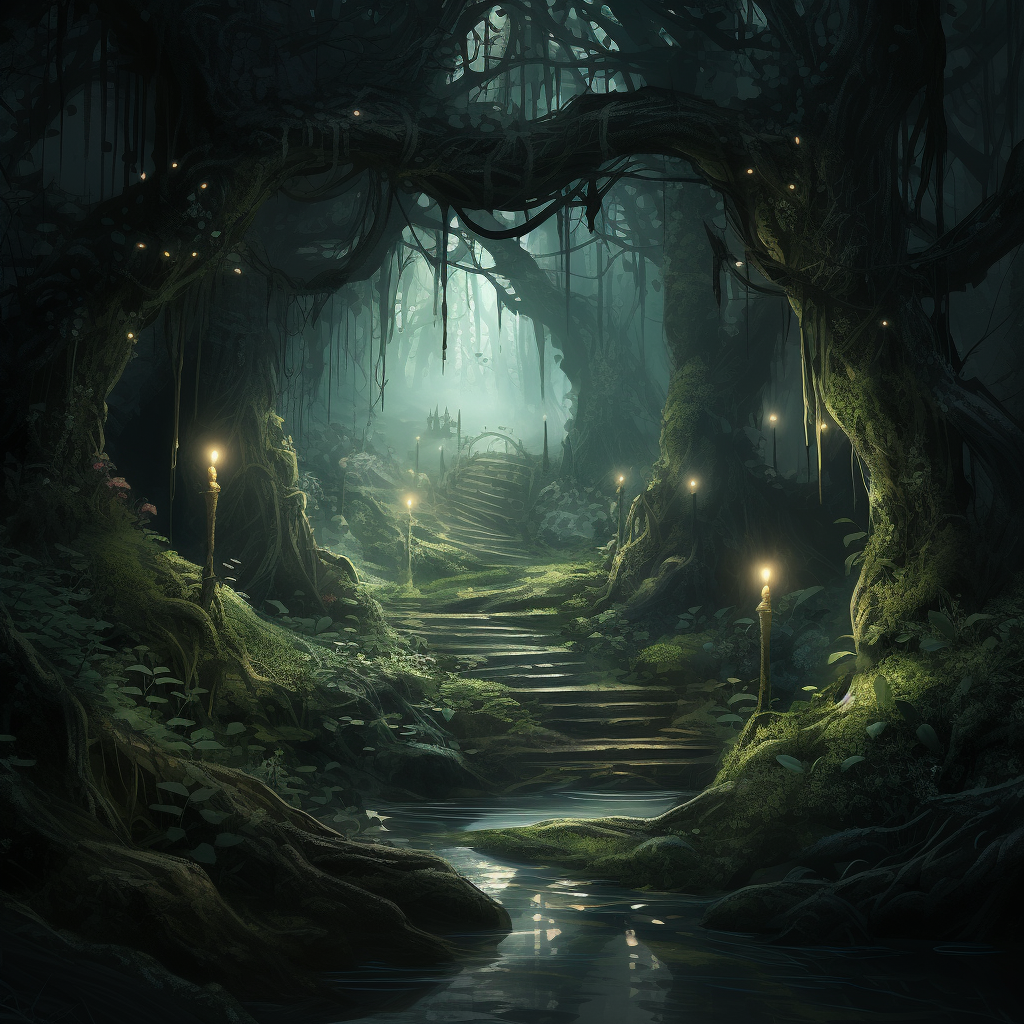 Serene fairy forest with dark tones