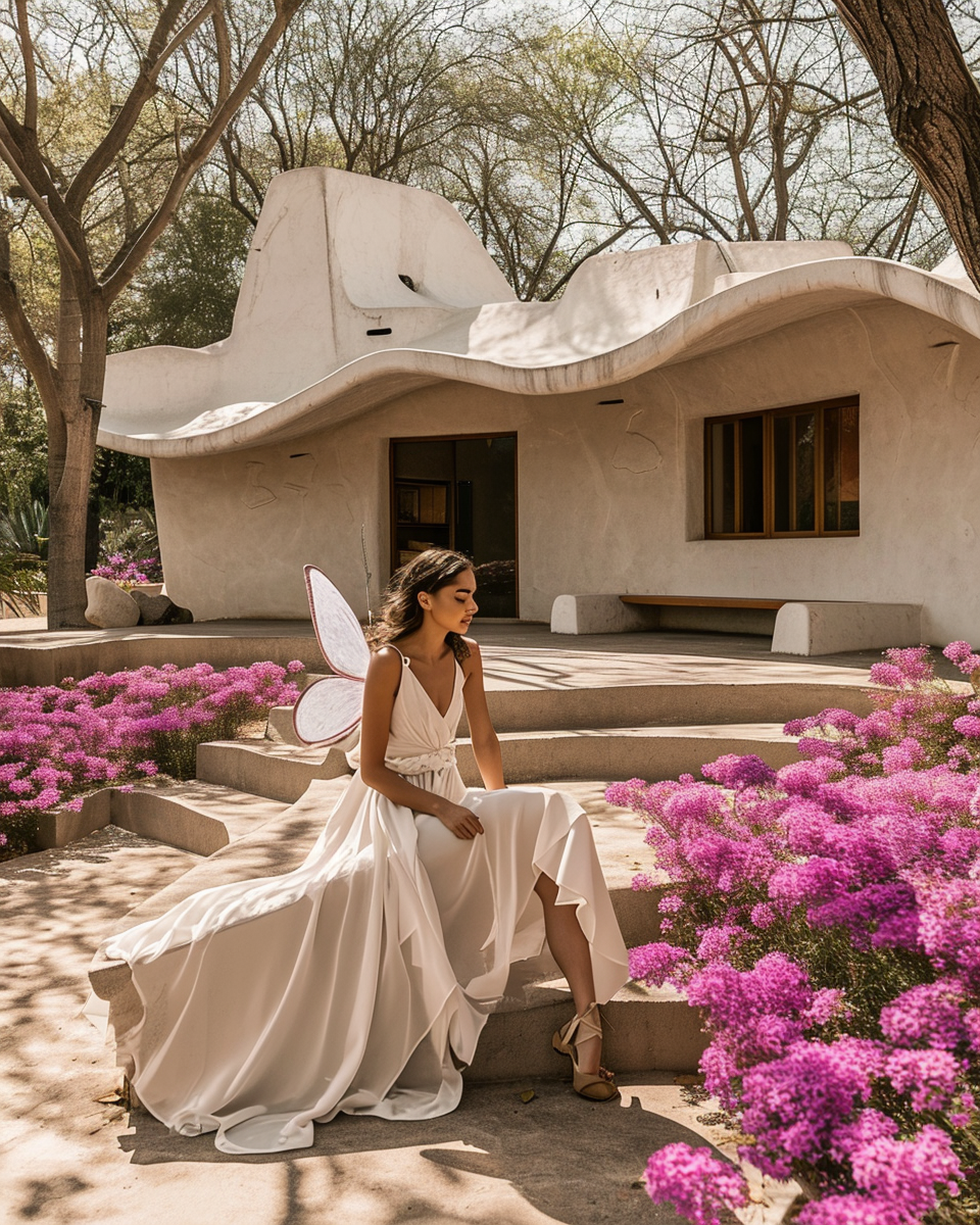 Serene fairy in a Gaudí-inspired garden