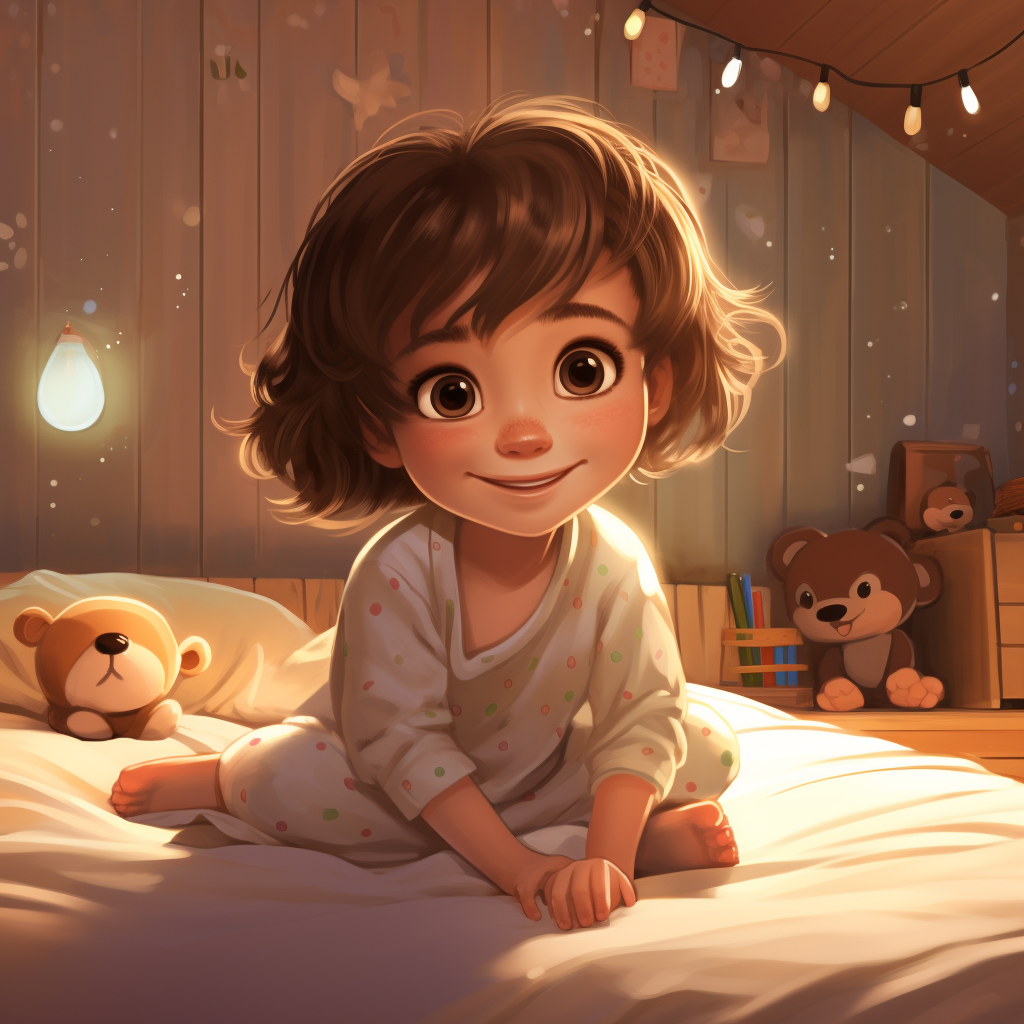 Smiling girl looking at stars in fairytale bedroom