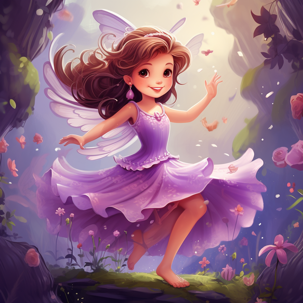 Little fairy princess in purple dress dancing