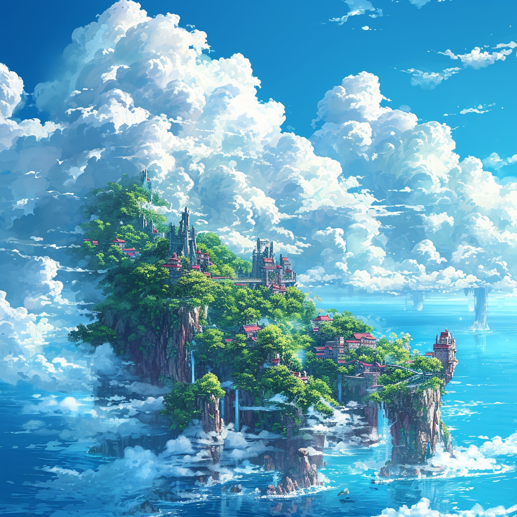 Fairy Tale Island with Sea, Clouds, and Details