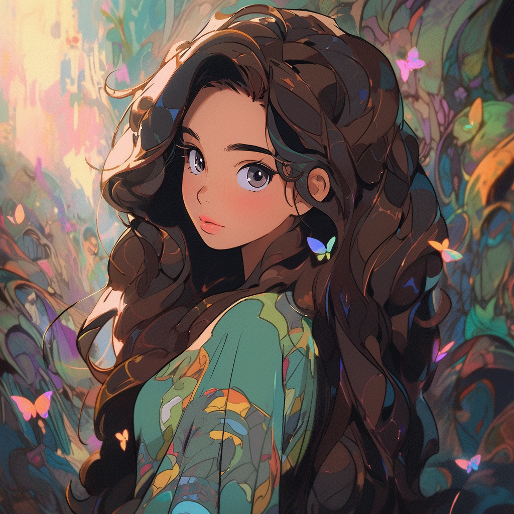 Young woman with brown hair in a colorful fairy tale background