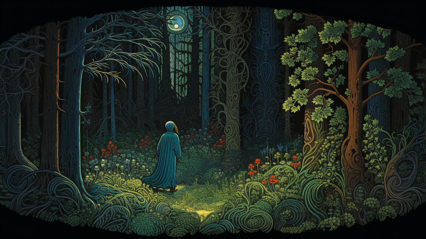 Illustration of mysterious woodwose in deep woods