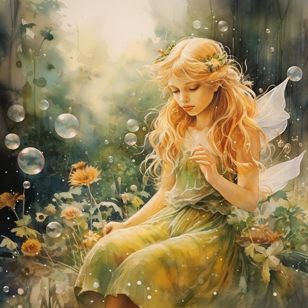 Fairy with flower wreath and bubbles