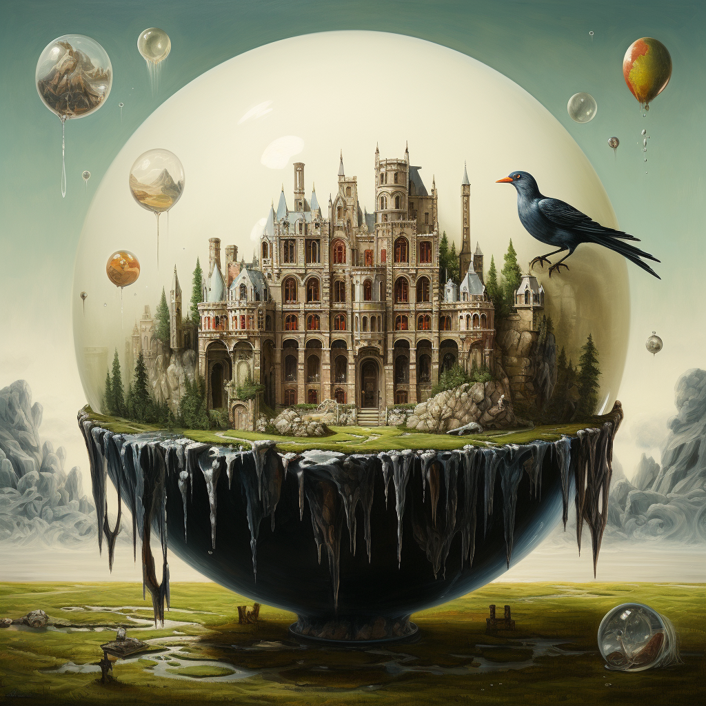 Fairytale castle with wolf and water glass