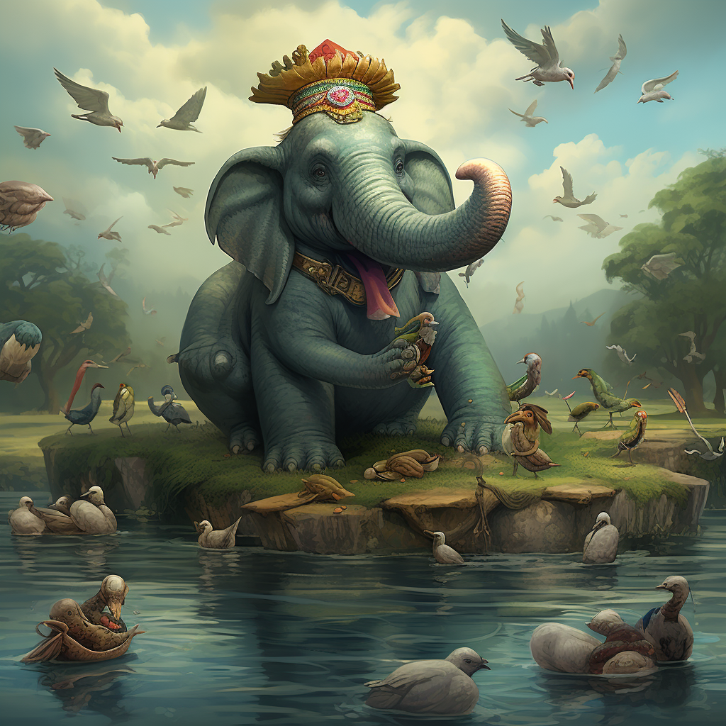 Enchanting fairytale scene with elephant and ducks