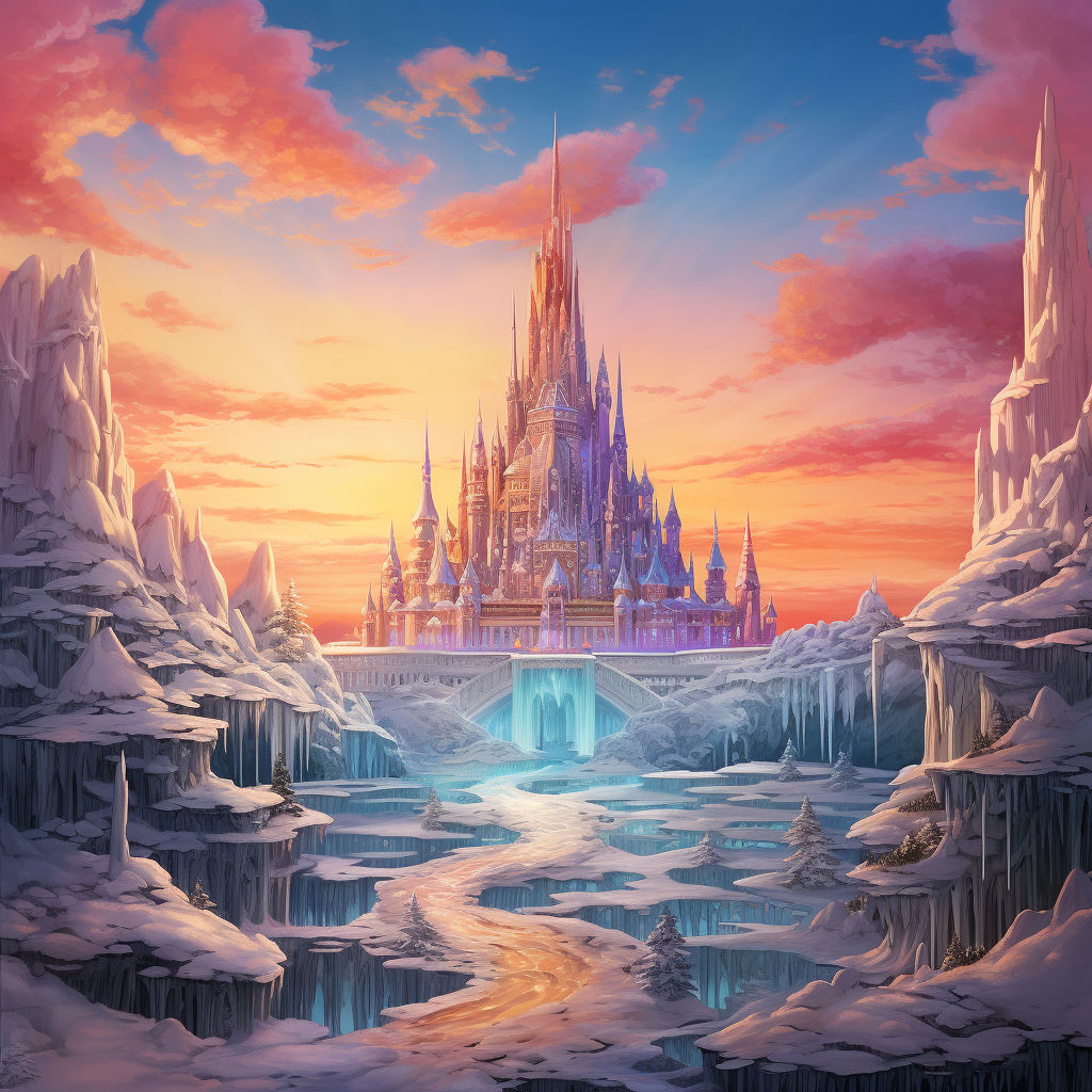 Enchanting ice castle at sunset