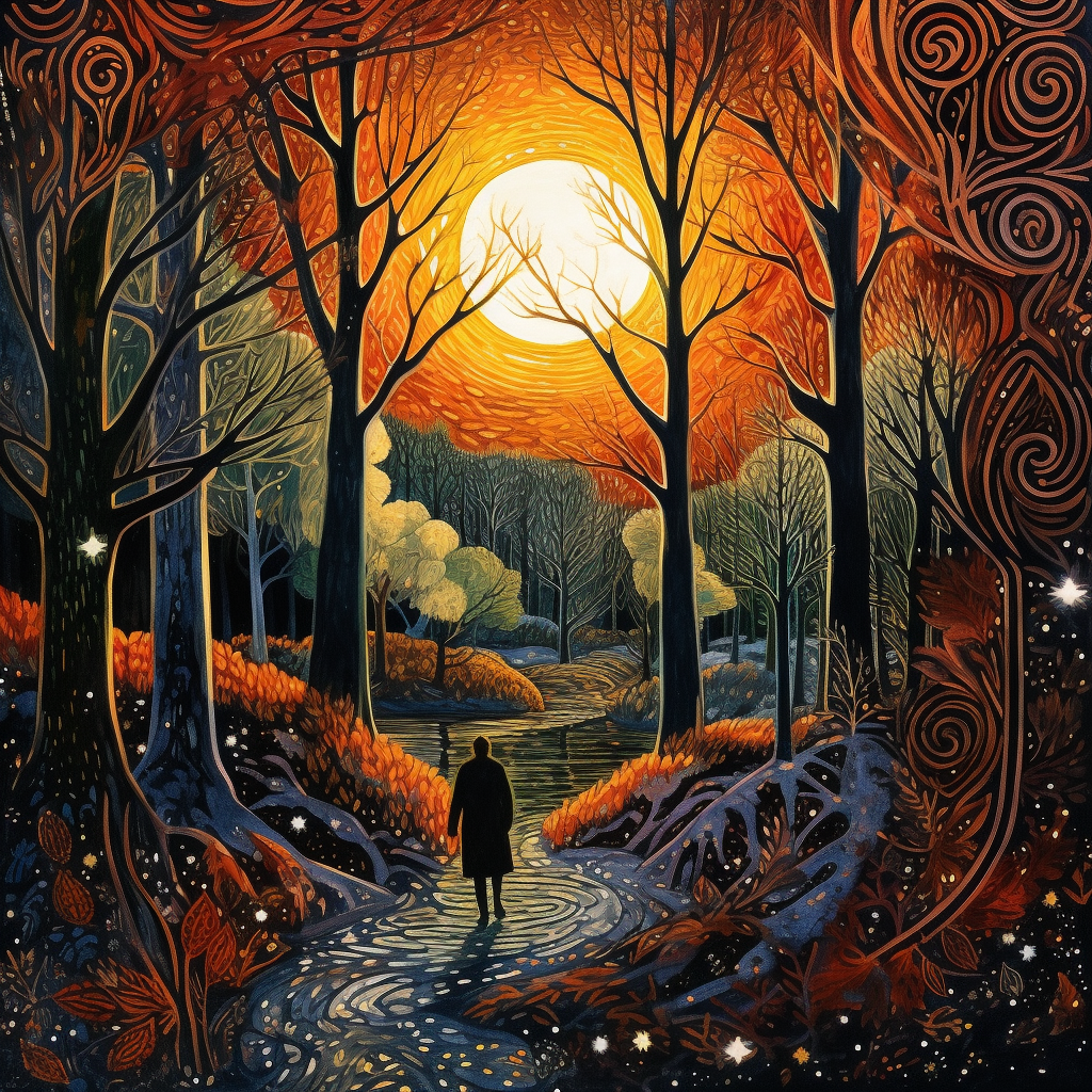 Man walking in a moonlit forest