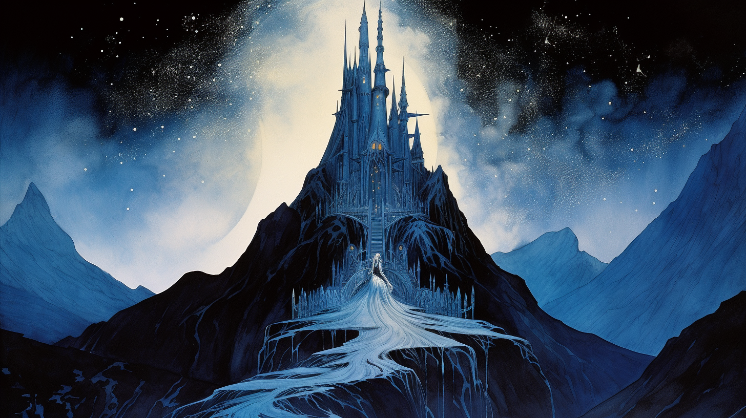 Beautiful fairytale mountain tower illustration