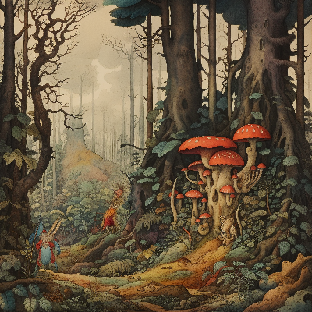 Colorful fairytale illustration with characters in the woods