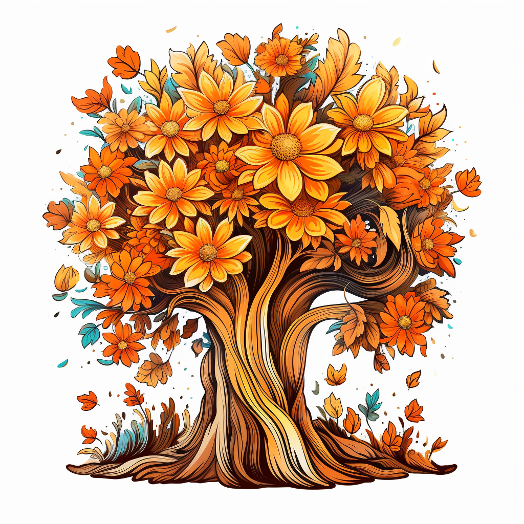 Vibrant fall flowers covering tree trunk