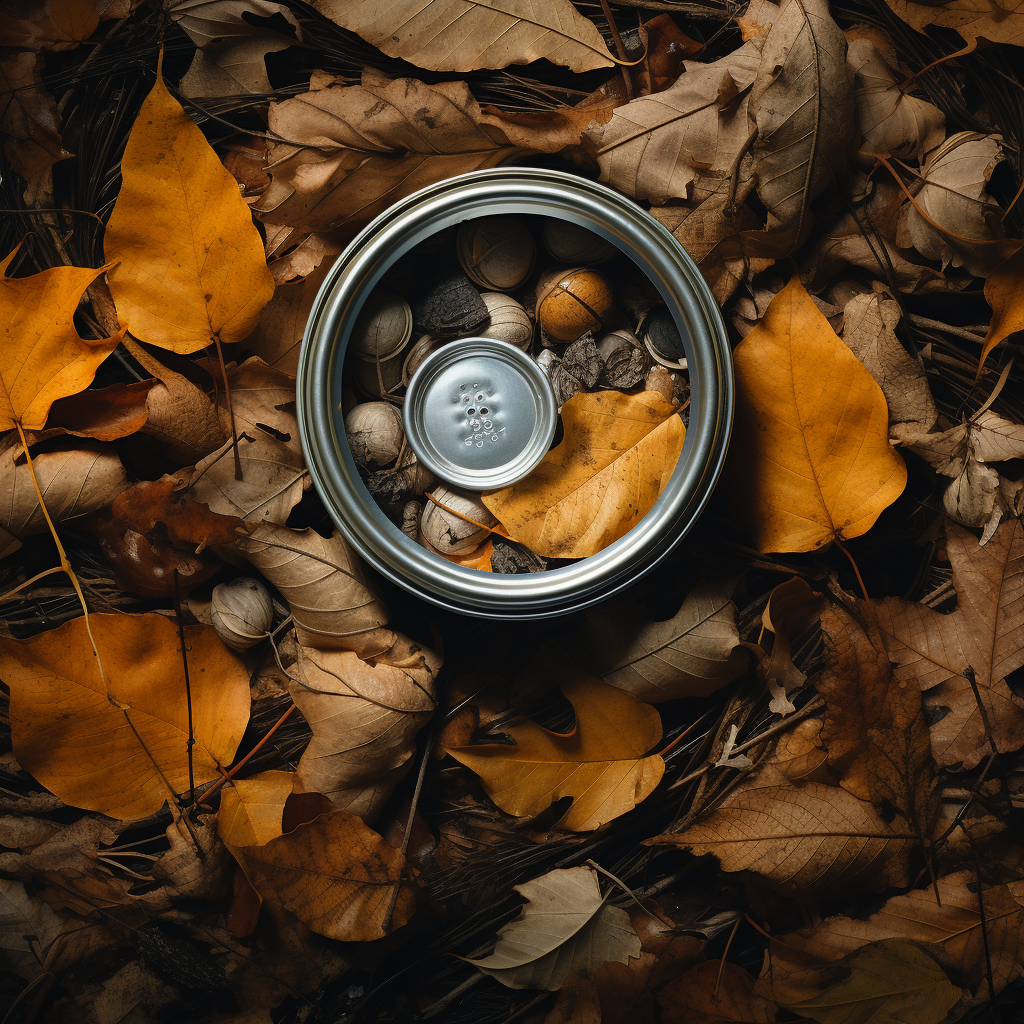 Fall leaves and hidden aluminium can on forest floor